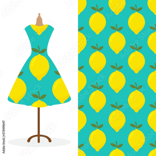 Womens long dress mock up with bright seamless hand drawn pattern for textile, paper print. 