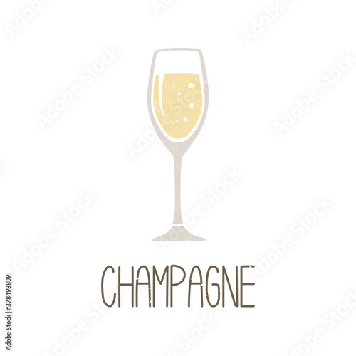 Cute caption glass of champagne isolated on transparent background. Cozy pictogram original design. Vector hand drawn illustration