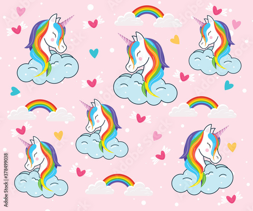 Seamless pattern of cartoon unicorn with clouds and rainbow