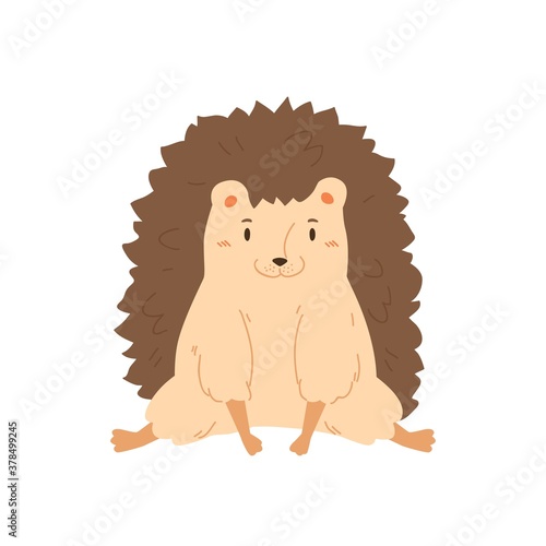 Portrait of smiling lovely hedgehog vector flat illustration. Joyful childish forest animal sitting isolated on white background. Happy cute character with needles relaxing having positive emotion