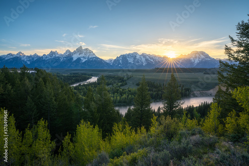 sunset at snake river overlook, grand teton national park, wyoming, usa