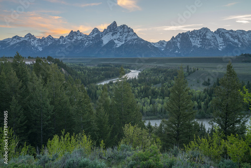 sunset at snake river overlook, grand teton national park, wyoming, usa