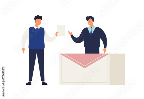 Male elector give ballot or voting choosing candidate at polling place vector flat illustration. Man politician standing at electoral station during poll isolated on white. Political election process