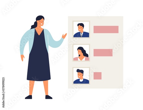 Woman demonstrate results of voting or rating candidates vector flat illustration. Female showing analysis graph of politicians or poll of electors isolated. Evaluation, ranking or statistics