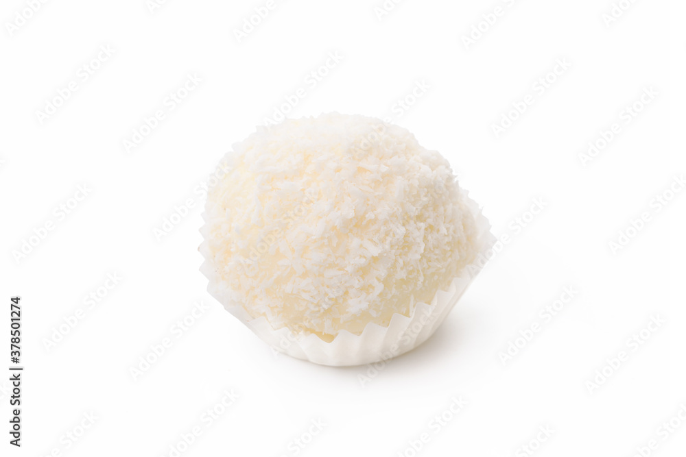 White chocolate candy with coconut topping isolated on white