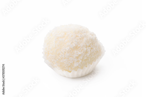 White chocolate candy with coconut topping isolated on white