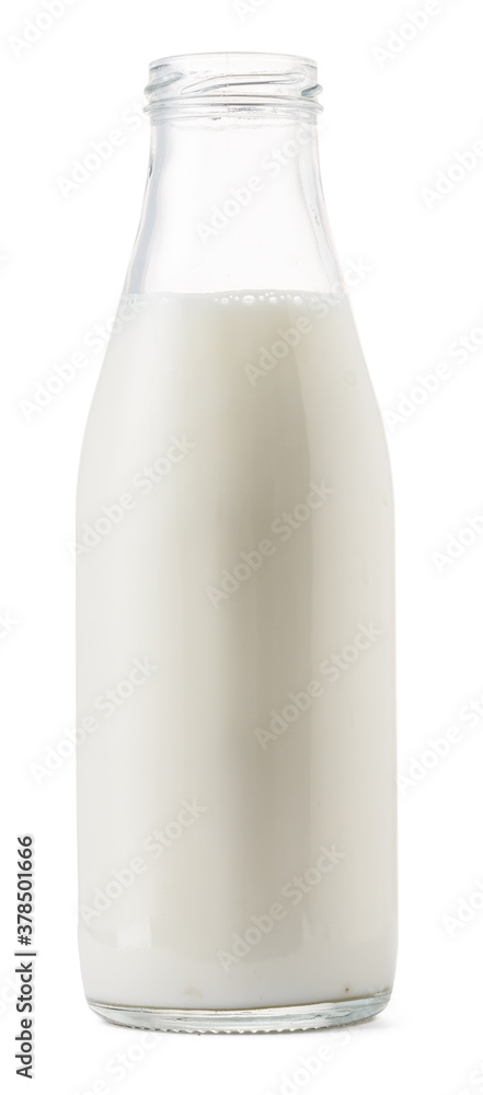 Open glass bottle of milk isolated on white Open glass bottle of milk isolated on white