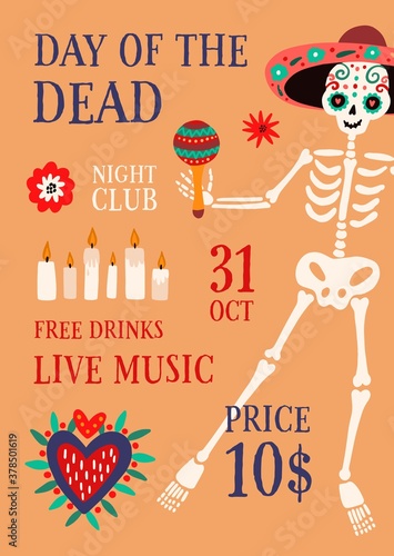 Day of the death theme party promo poster with place for text vector flat illustration. Announcement of 31 October event with traditional Mexican decorations. Placard with male skeleton in calavera
