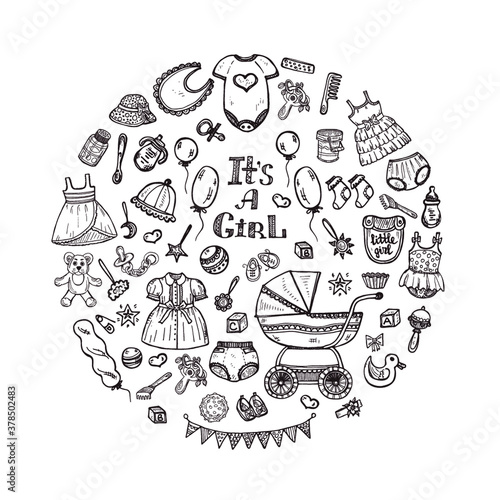 Round composition with cute hand drawn baby care things, clothes and toys for  baby girl. Newborn baby  vector collection.