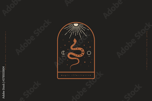 Mystical composition with a wriggling snake on black background. Magical sign of spiritual practices. Occult symbol in a minimalist style for ethnic magic and esoteric rites.