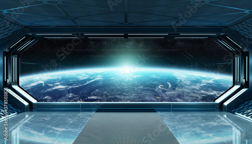 Dark blue spaceship futuristic interior with window view on planet Earth 3d rendering photo