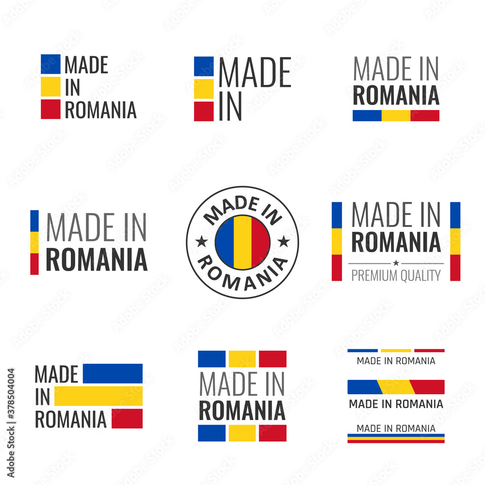 made in Romania labels set, product emblem of Romania