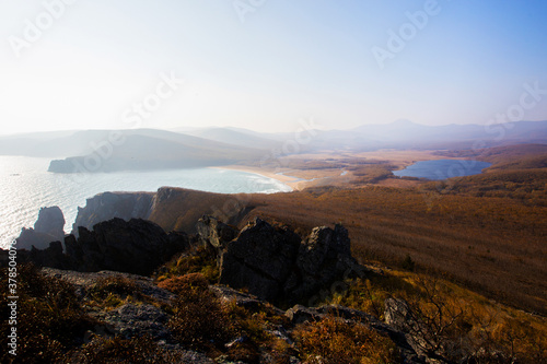 Sikhote-Alin Biosphere Reserve in the Primorsky Territory. Panoramic view of the sandy beach of the Goluchnaya bay and the lake.