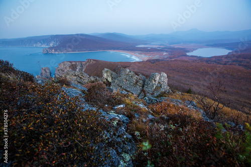 Sikhote-Alin Biosphere Reserve in the Primorsky Territory. Panoramic view of the sandy beach of the Goluchnaya bay and the lake. photo