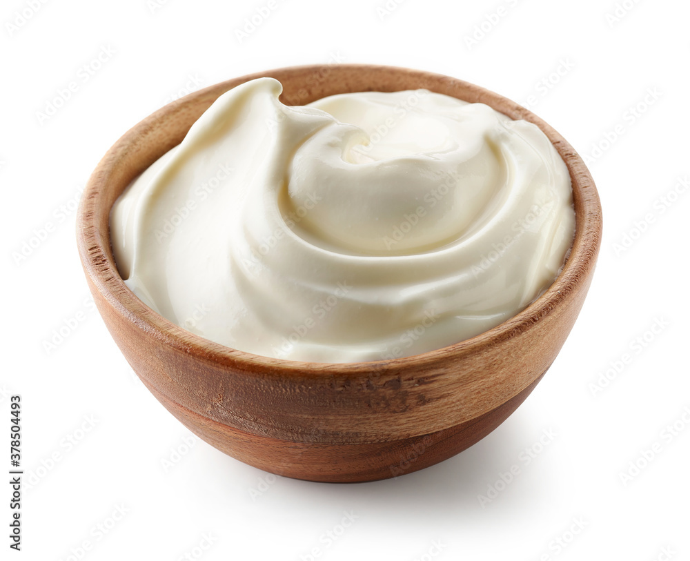 sour cream yogurt in wooden bowl sour cream yogurt in wooden bowl