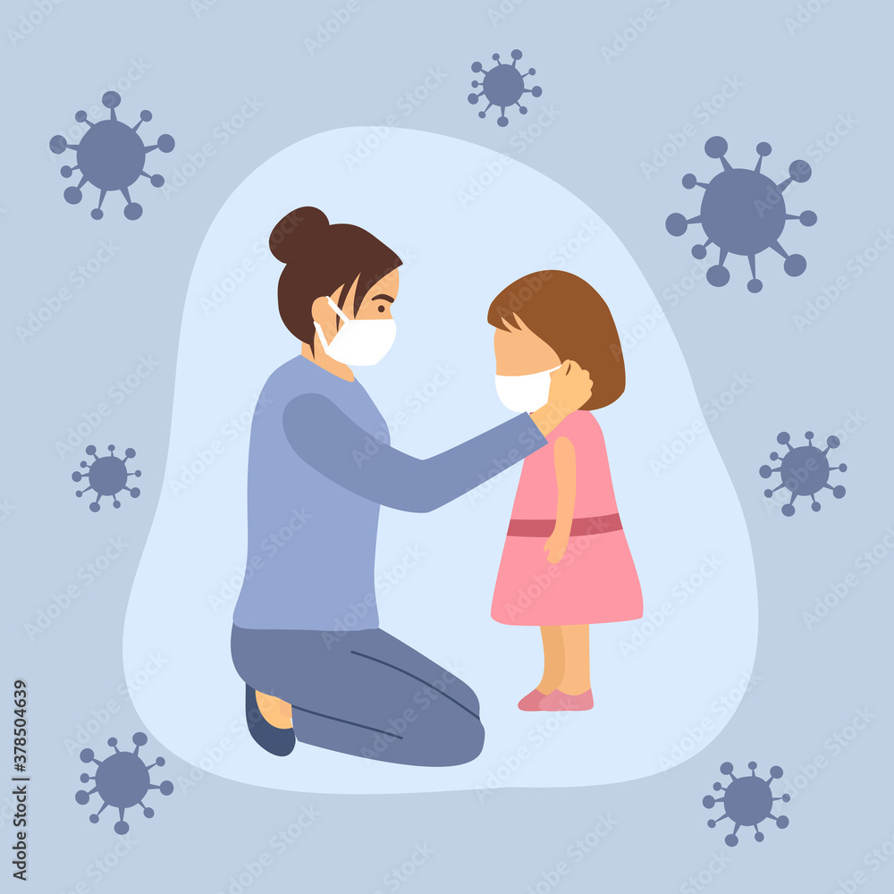 Mother wearing medical face mask on her daughter to prevent Covid19 Coronavirus infection. Health protection concept vector illustration. Mother wearing medical face mask on her daughter to prevent Covid19 Coronavirus infection. Health protection concept vector illustration.