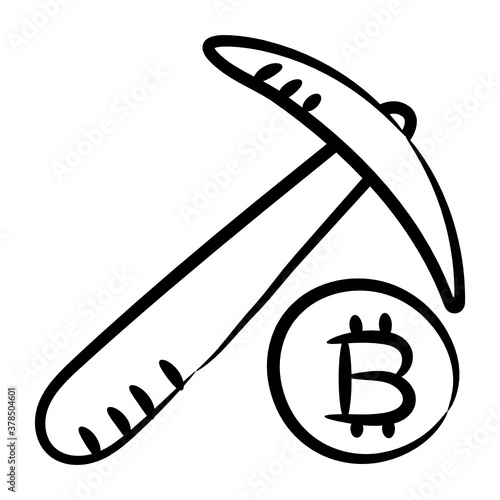
Icon of bitcoin mining in doodle design, btc with pickaxe 
