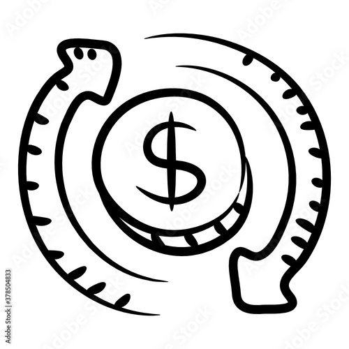 
Dollar with reversible arrows, money rotation icon in doodle style 
