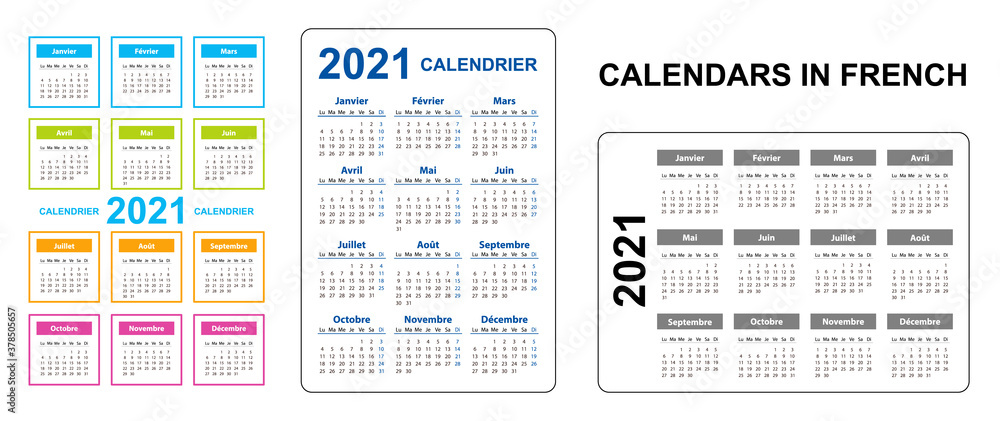 Pocket calendar on 2021 year, French. Set Vertical and horizontal. Week starts from Monday. Vector template calendar for business on black background. - obrazy, fototapety, plakaty 