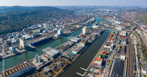 Sunny scenic aerial view Stuttgart cityscape and Rhine River, Baden-Wuerttemberg, Germany
 photo