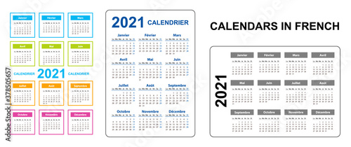 Pocket calendar on 2021 year, French. Set Vertical and horizontal. Week starts from Monday. Vector template calendar for business on black background.
