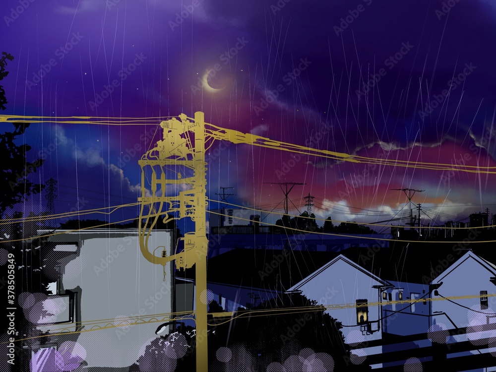 illustration of crescent moon with city landscape in rainy night sky