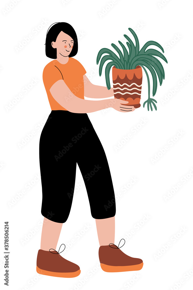 Nice woman with a spider plant. Houseplant hobby and happy life concept. Vector illustration isolated on white background. Flat hand drawn style with lines. Nice woman with a spider plant. Houseplant hobby and happy life concept. Vector illustration isolated on white background. Flat hand drawn style with lines.