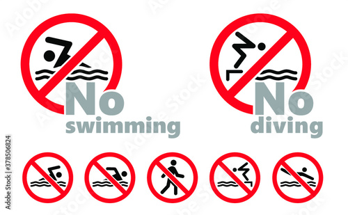No swimming icon. No swim zone sign in flat vector style. Hazard,warning signs. Do not diving. It is forbidden to swim in this water area. Stop dive.