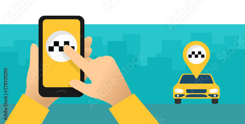 Taxi call - hand holding smart phone touching taxi symbol displayed on screen and arriving taxi car (cab) in background - vector illustration 