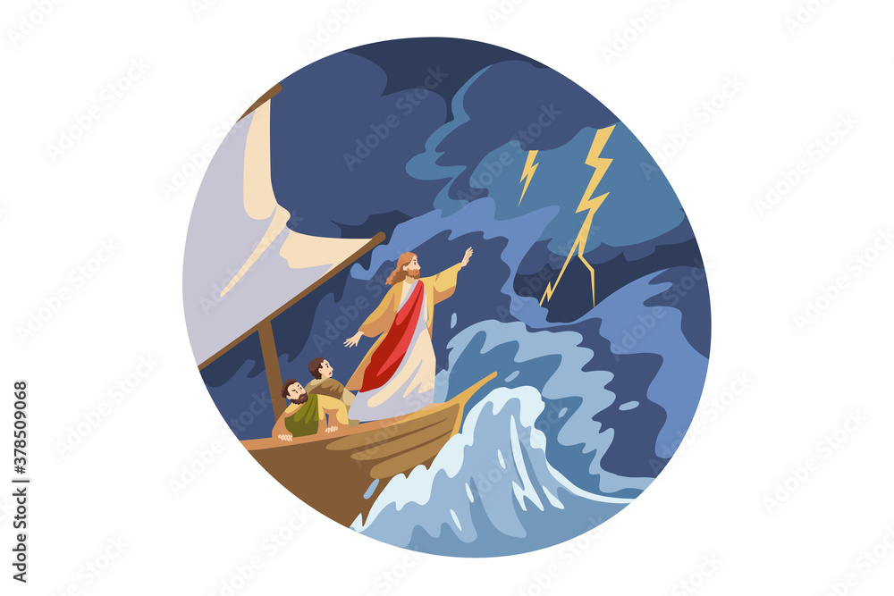 Bible, christianity, religion, protection concept. Jesus Christ son of God biblical religious character protecting ship with sailors from storm lightning thunder waves. Divine support illustration.