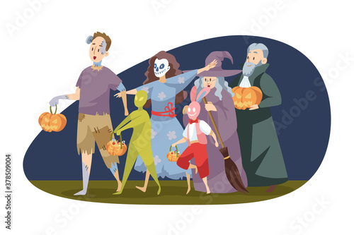 Holiday, celebration, religion concept. Family members man father woman mother children kids grandparents celebrating halloween together in festive scary spooky costumes. All Saints Day illustration.