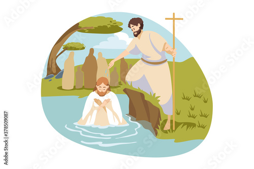 Christianity, religion, Bible concept. Baptism blessing of Jesus Christ son of God messiah prophet in Jordan river water by John Baptist descending Holy Spirit. New Testament biblical religious series