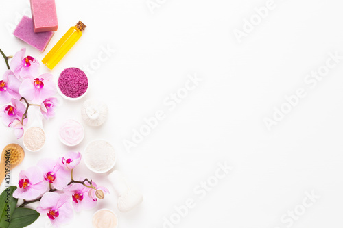 Spa still life with aromatherapy, herbal oil, soap, sea salt.