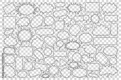 Speech bubble doodle set. Collection of hand drawn sketches templates pattern of cloud form object demonstration communication dialog on transparent background. Cartoon symbol illustration.
