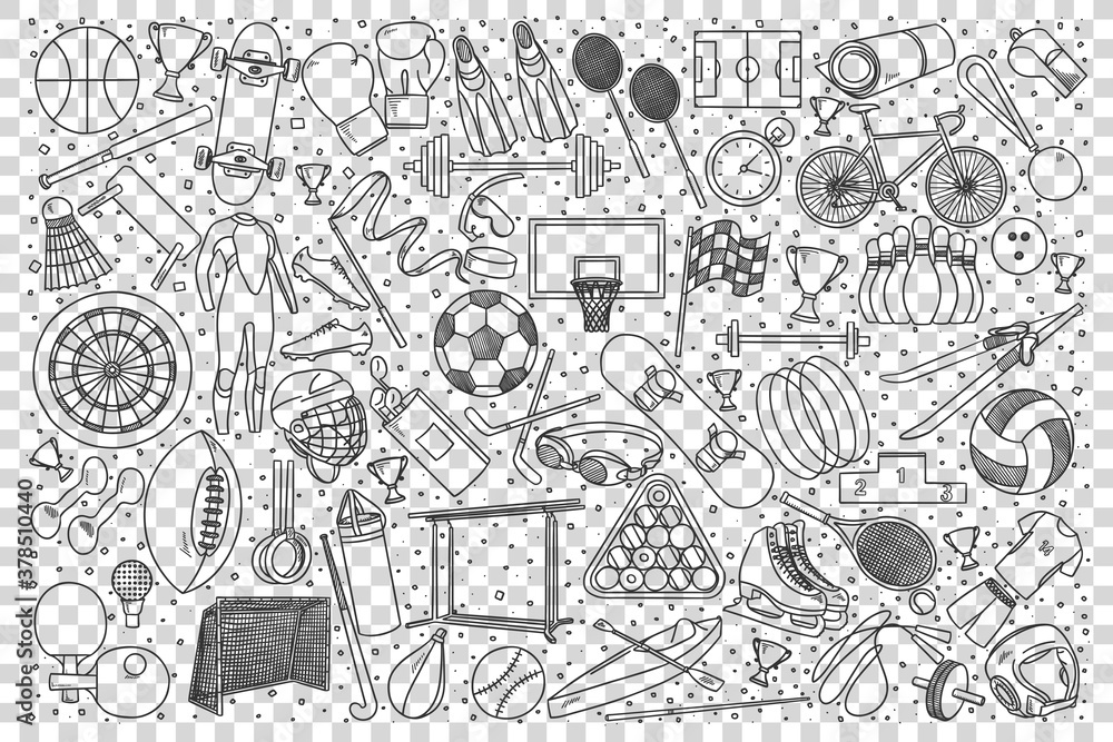 Sport doodle set. Colection of hand drawn sketches templates patterns of football tennis basketball games prizes trophy on transparent background. Active recreation and healthy lifestyle illustration.
