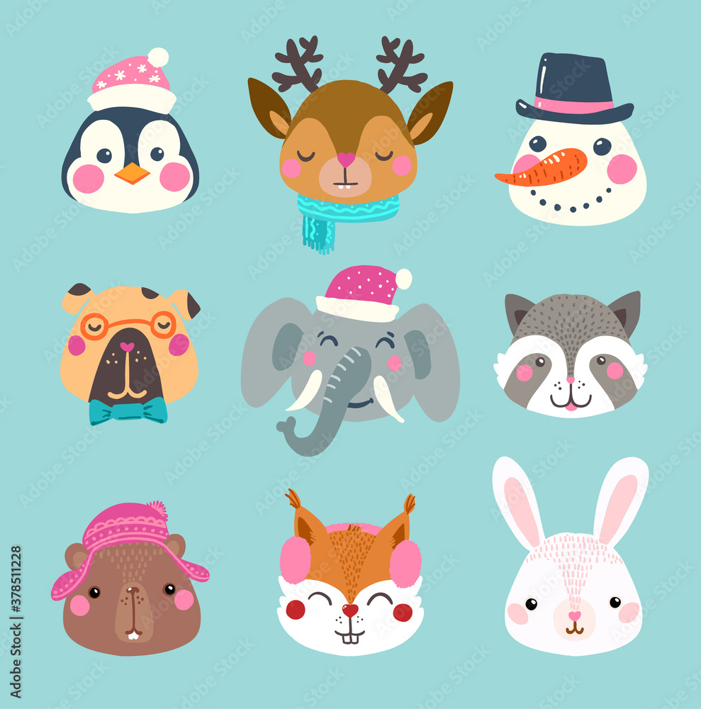 Set of winter cute animal and snowman faces. Suitable for holiday cards for Christmas, happy new year avatars, party decorations, stickers, decals, t-shirt prints, sweater designs. Vector illustration Set of winter cute animal and snowman faces. Suitable for holiday cards for Christmas, happy new year avatars, party decorations, stickers, decals, t-shirt prints, sweater designs. Vector illustration