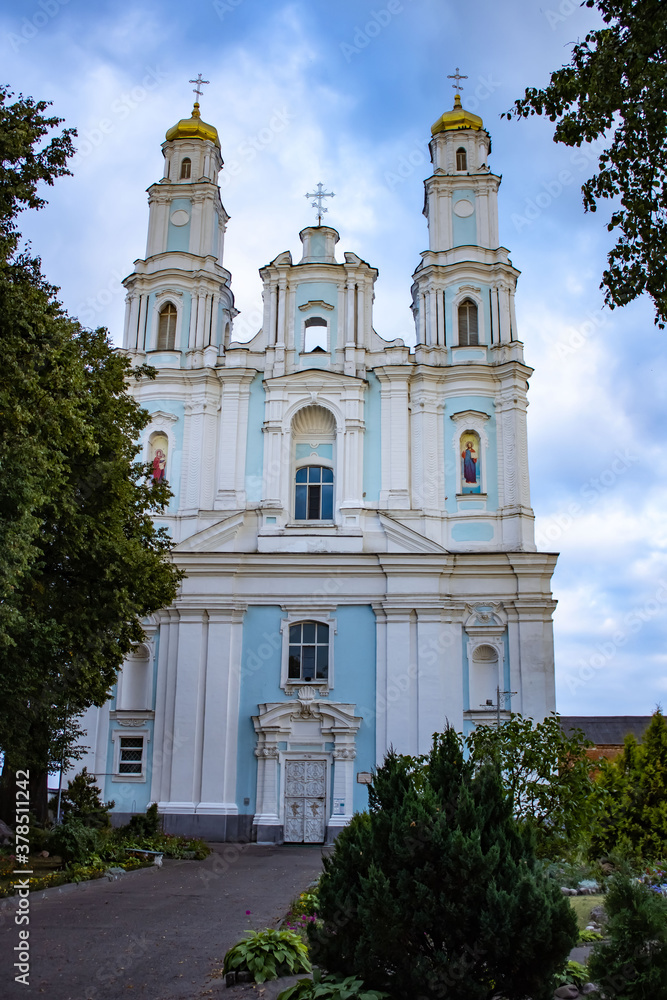 Blue Orthodox Cathedral in Belarus in the city of Glubokoe. Cathedral of the Nativity of the Virgin.