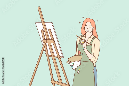 Profession, art, work, creativity concept. Young happy smiling woman girl artist cartoon character works with paintbrush draws paintings or pictures. Creative occupation or leisure hobby illustration.