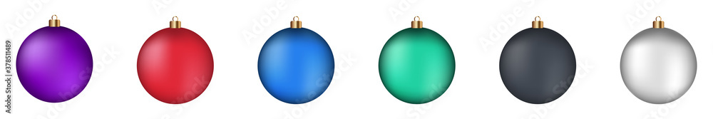 Set of Christmas tree baubles in different colors: violet, red, blue, green, black and white. Realistic 3D vector illustration. Set of Christmas tree baubles in different colors: violet, red, blue, green, black and white. Realistic 3D vector illustration.
