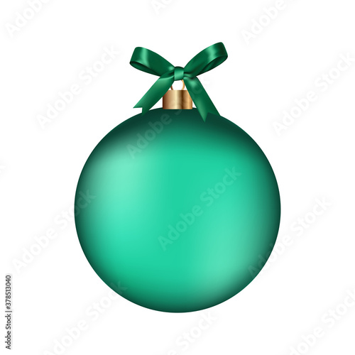 Realistic 3d vector green bauble with ribbon bow isolated on white illustration.