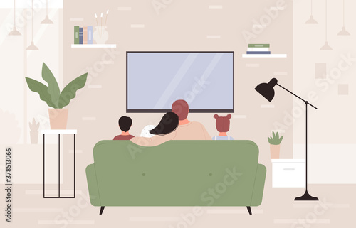Family people watch tv vector illustration. Cartoon flat mother, father, daughter and son teenager characters watching tv together in modern home apartments living room interior, back view background