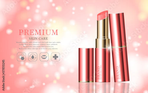 Hydrating facial lipstick for annual sale or festival sale. silver and gold lipstick mask bottle isolated on glitter particles background. Graceful cosmetic ads.