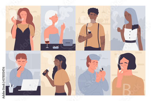 People smoke vector illustration. Cartoon flat young man woman smokers, casual style addicted characters collection of smoking persons, nicotine addicts with cigarette, lighter or vape in hand set