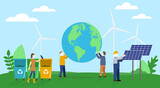 Green Renewable Energy Sources Concept. People Hold The Globe, Worker In Overall Installs Solar Panels And Wind Turbines, Woman Puts Empty Bottle In To Recycling Bin. Flat Style Vector Illustration