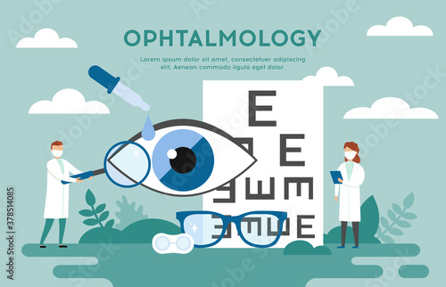 Ophtalmology, Eyesight Concept. Abstract Composition With Ophtalmologists, Magnifying Glass, Eye Vision, Glasess, Pipette Dripping Eye Drops On Pale Green Background. Flat Style Vector Illustration