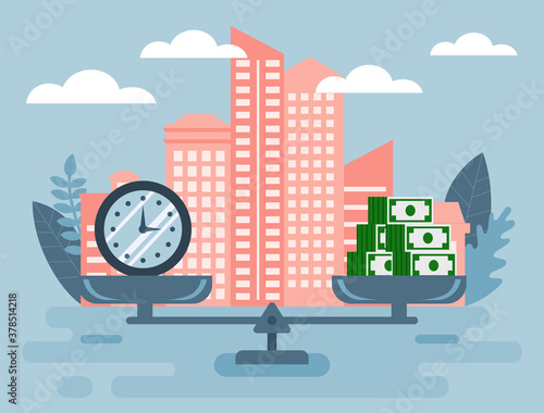Business, Finance, Apartment Loan Concept. Abstract Composition With Clock And Stacks Of Money On Scales On Pale Blue And Peach Color Background. Time Is Money. Colorful Flat Style Vector Illustration