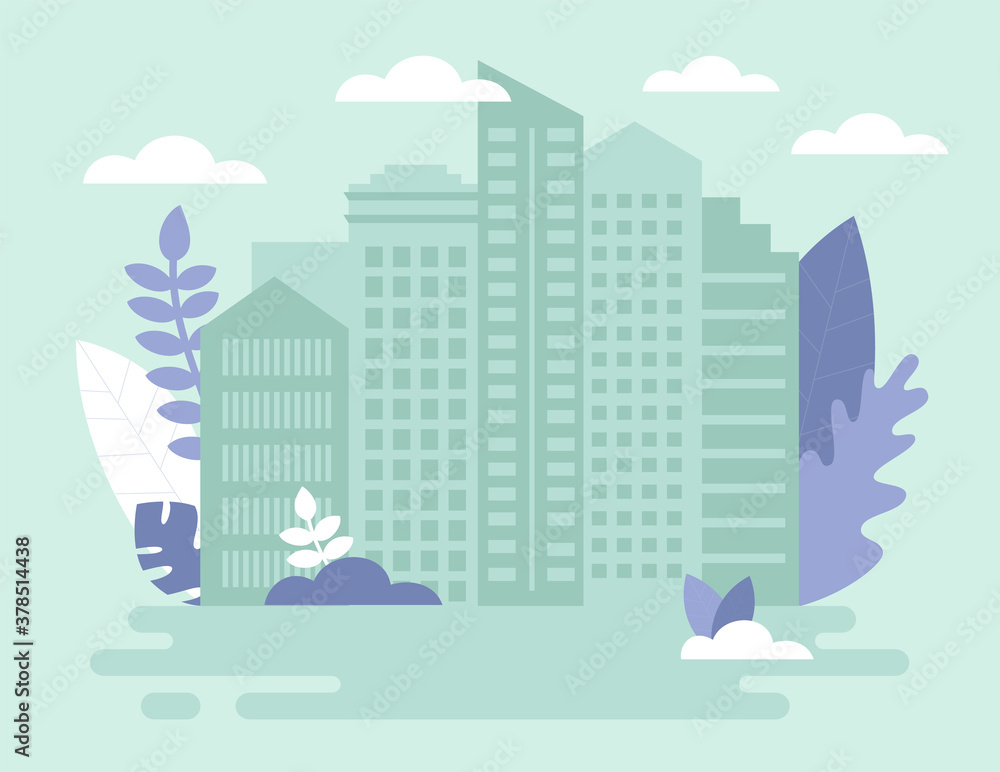 Construction, Building And Sale Real Estate, Property Concept. Residential Complex , Skyscrapers In Big City. Composotion In Pale Green And Violet Colors. Cartoon Vector Illustration In Flat Style