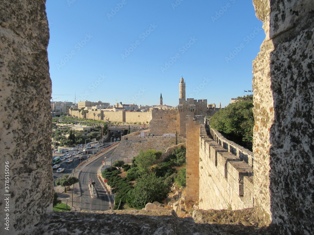 Tower of David and the new city of Jerusalem, seen through the walls of the Old City of Jerusalem