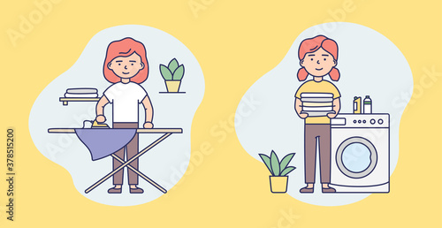 Laundry Service, Routine, Housework Concept. Set Of Isolated Icons With Female Character Washing And Ironing Fresh Clothes On Ironing Board. Colorful Simple Cartoon Vector Illustration In Flat Style