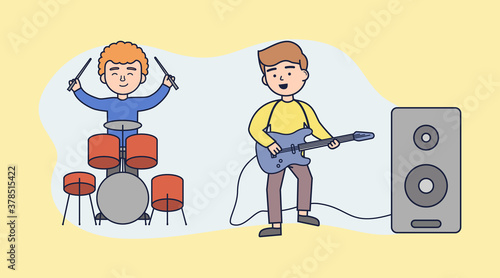 Live Music, Music Band, Concert, Music Performance Concept. Bass Guitarist And Drummer Live Duet, Music Improvisation Isolated On Yellow Background. Simple Cartoon Vector Illustration In Flat Style
